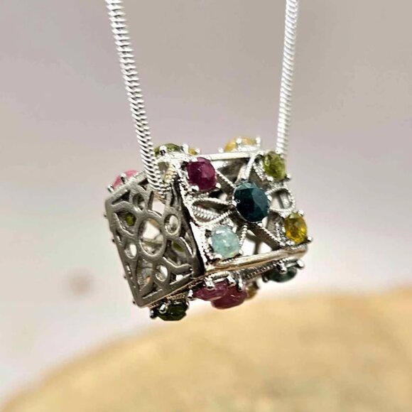 Nature Rainbow Faceted Tourmaline Rectangular Cage Pendant Necklace - Picture 5 of 10